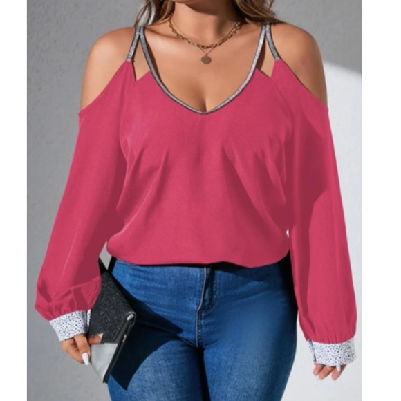 Plus size black contrast trim cold shoulder blouse - Picture 7 of 12